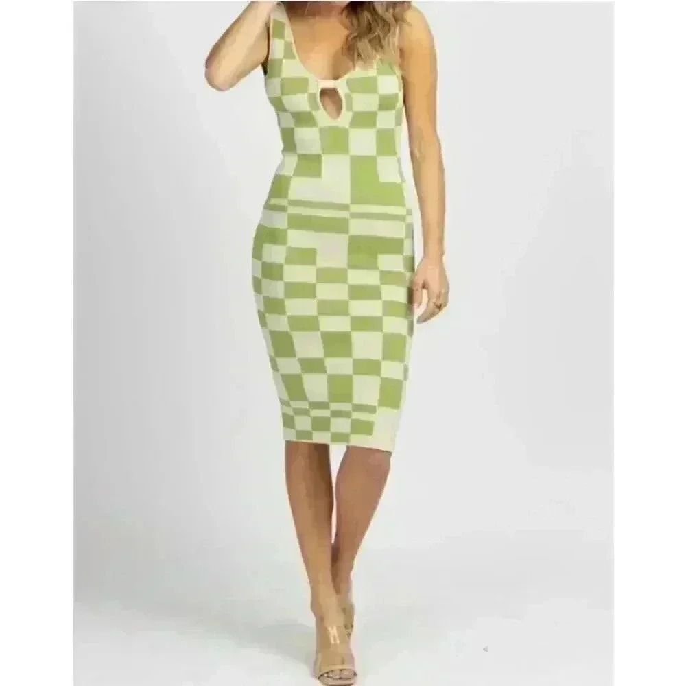 Fore Green Checkered Knit Midi Dress Size Medium